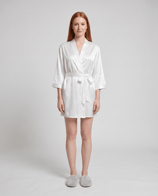 Women's Short Tie-Waist Dressing Gown in White – front view