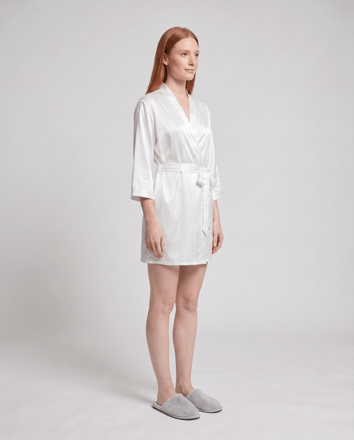 Women's Short Tie-Waist Dressing Gown in White – three-quarter view