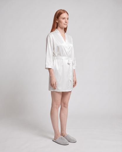 Women's Short Tie-Waist Dressing Gown in White – three-quarter view