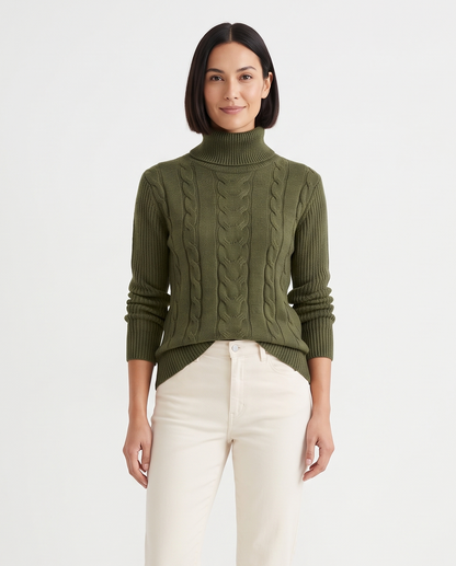 Women's Turtleneck Knit Jumper in Army Green – front view