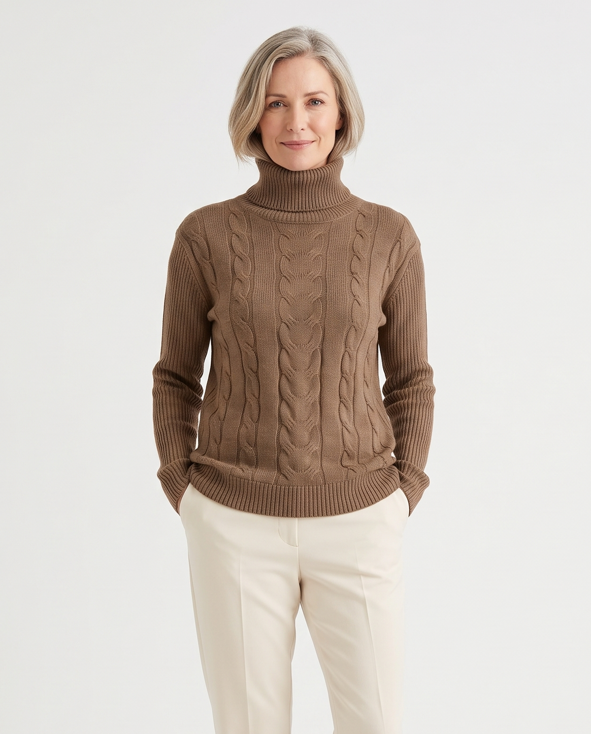 Women's Turtleneck Knit Jumper in Brown – front view