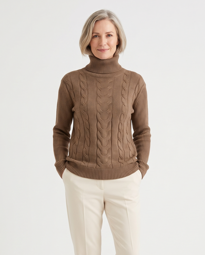 Women's Turtleneck Knit Jumper in Brown – front view