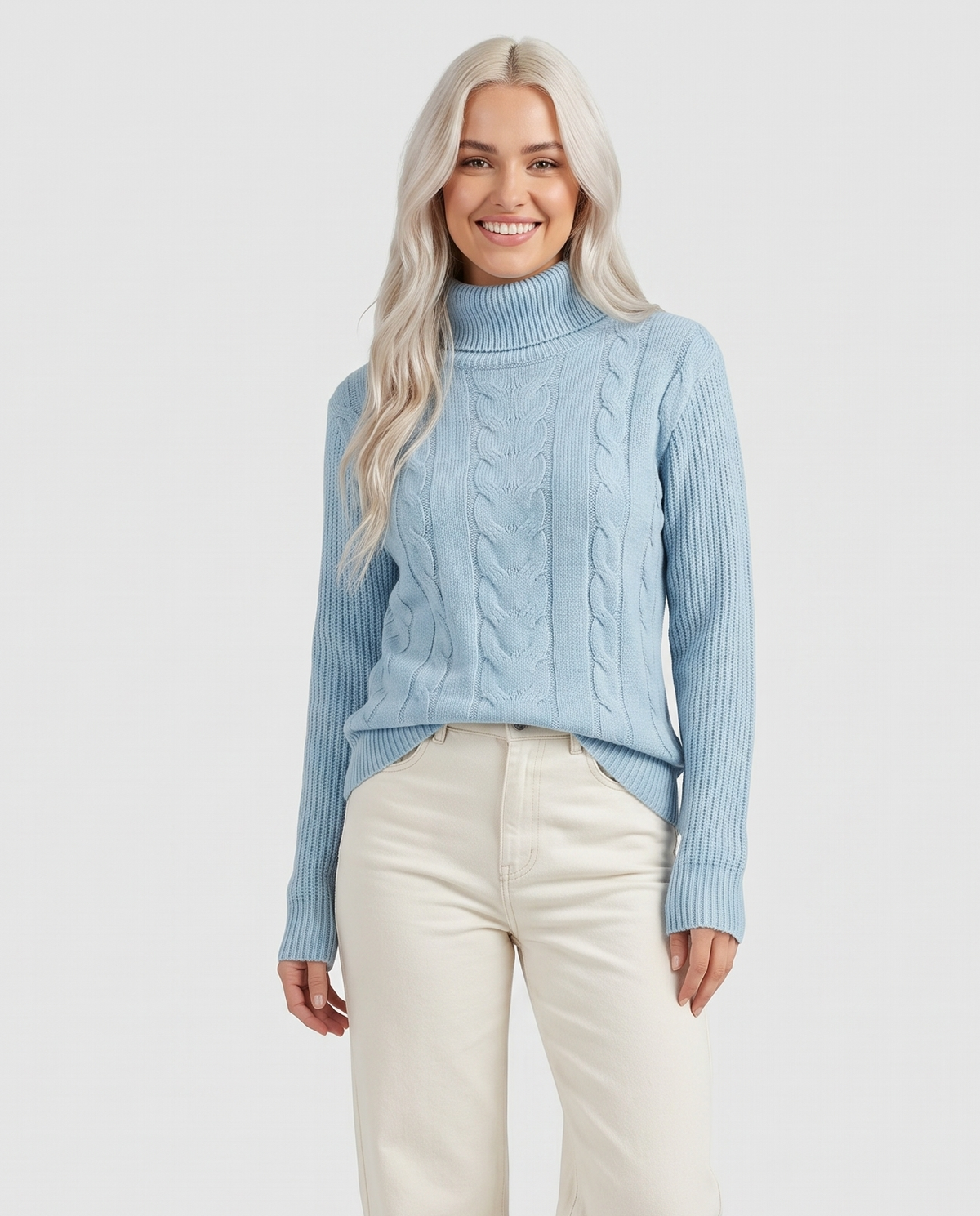 Women's Turtleneck Knit Jumper in Light Blue – front view